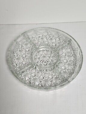 VINTAGE PRESSED GLASS DAISY BUTTON PATTERN ROUND PLATTER DISH WITH 5 SECTIONS